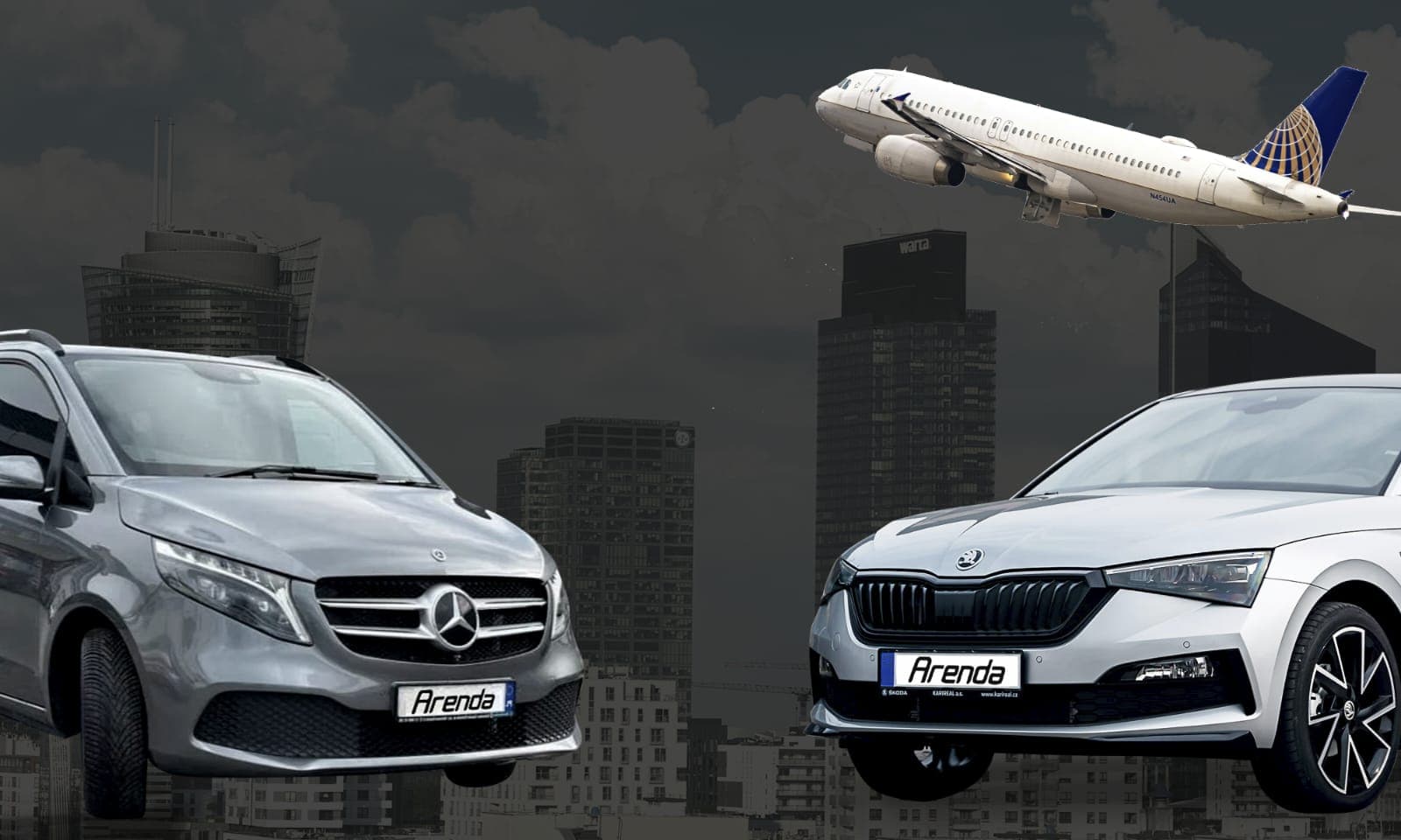 dwa samochody, w tle warszawskie biurowce i samolot